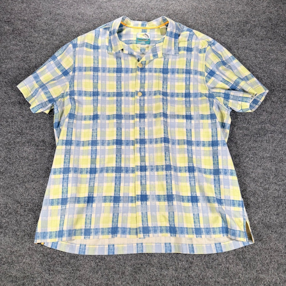 Tommy Bahama Shirt Mens XL Blue Green‎ Plaid Silk Cotton Island Modern Fit Camp